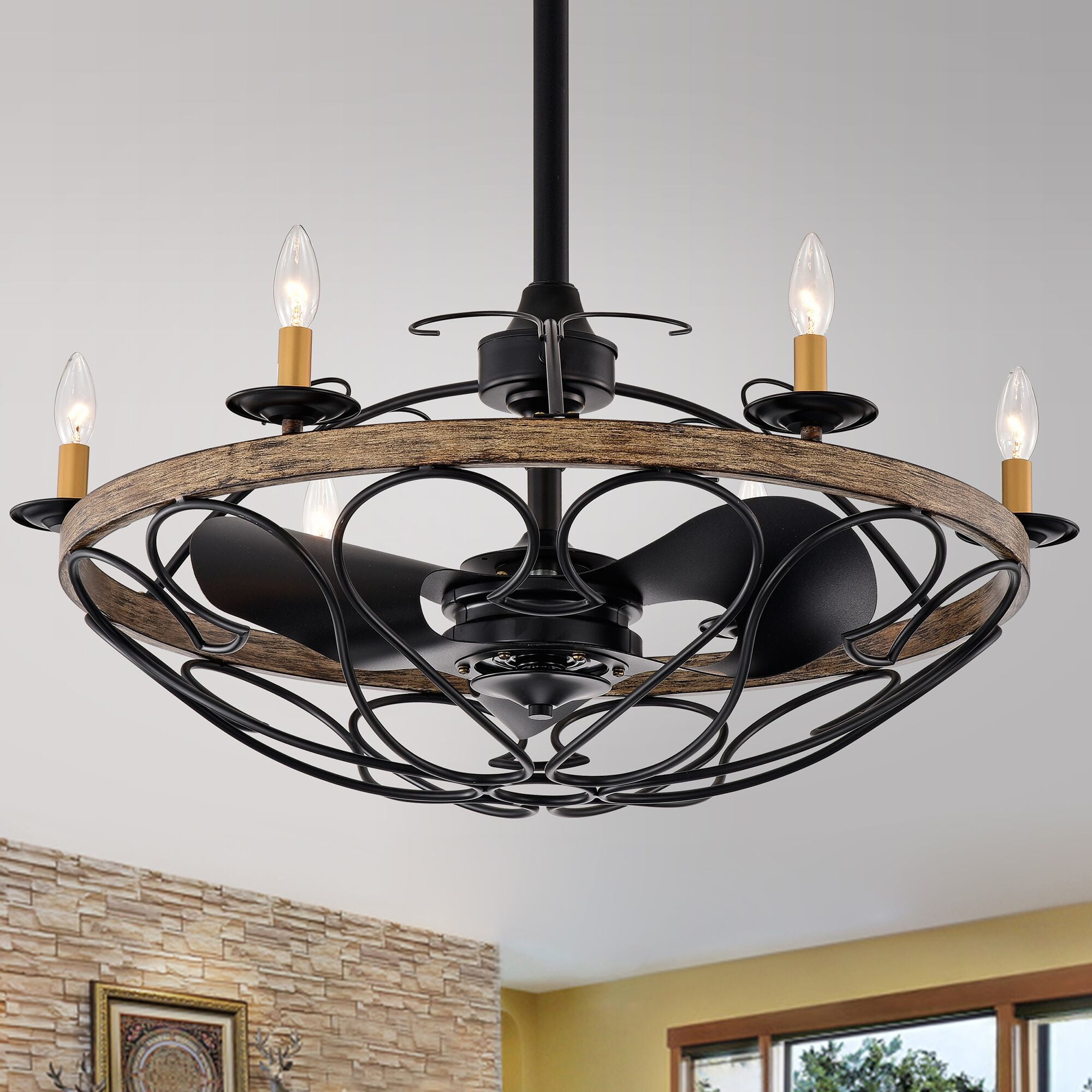 Warehouse Of Tiffany Matte Black Imitation Wood Grain Fandelier CFL