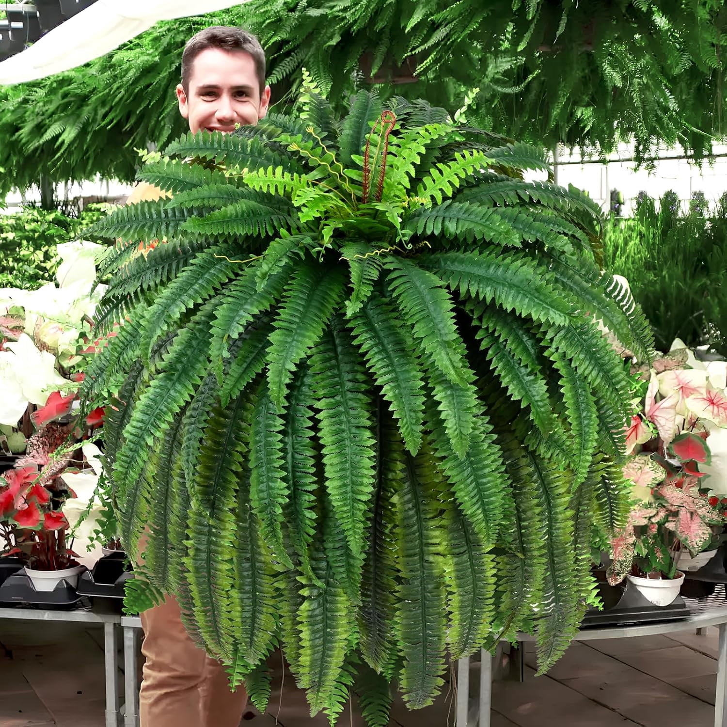 Waipfaru 2 Pack Large Artificial Boston Ferns for Outdoors,UV Resistant 60 inch Lush Faux Ferns with 96 Fronds, Realistic Fake Hanging Plants for Front Porch Planter Patio Garden Decor