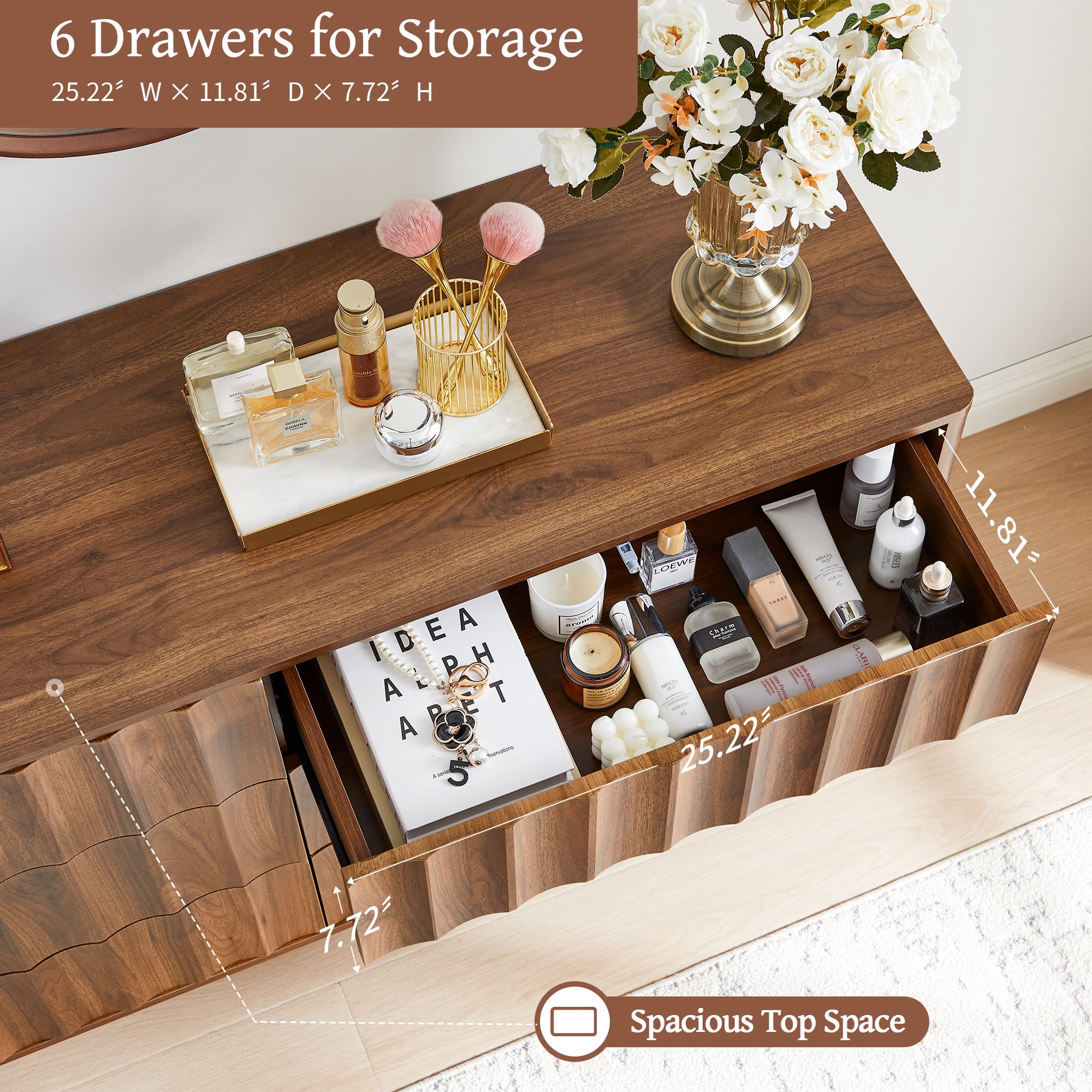 LEFHDA 53" Dresser Fluted 6 Drawer Dresser, Large Modern Chest of Drawers, Wide Wood Storage Dressers Organizer Storage Cabinet for Bedroom Living Room Hallway Entryway