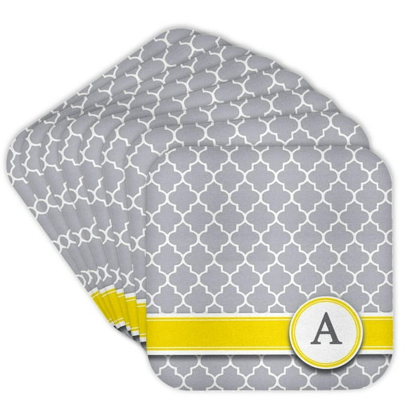 3dRose, Your personal name initial letter A - monogrammed grey quatrefoil pattern - personalized yellow gray, set of 8 Coasters - Soft