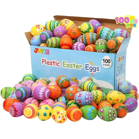 JOYIN 100 Pcs Plastic Printed Bright Easter Eggs 2.3" Tall for Easter Hunt, Basket Stuffers Fillers, Classroom Prize Supplies, Filling Treats and Party Favor
