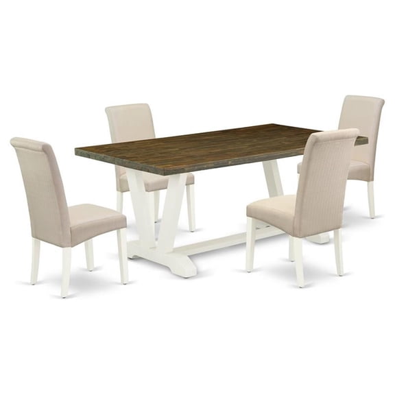 East West Furniture V-Style 5-piece Dining Set in Linen White/Jacobean