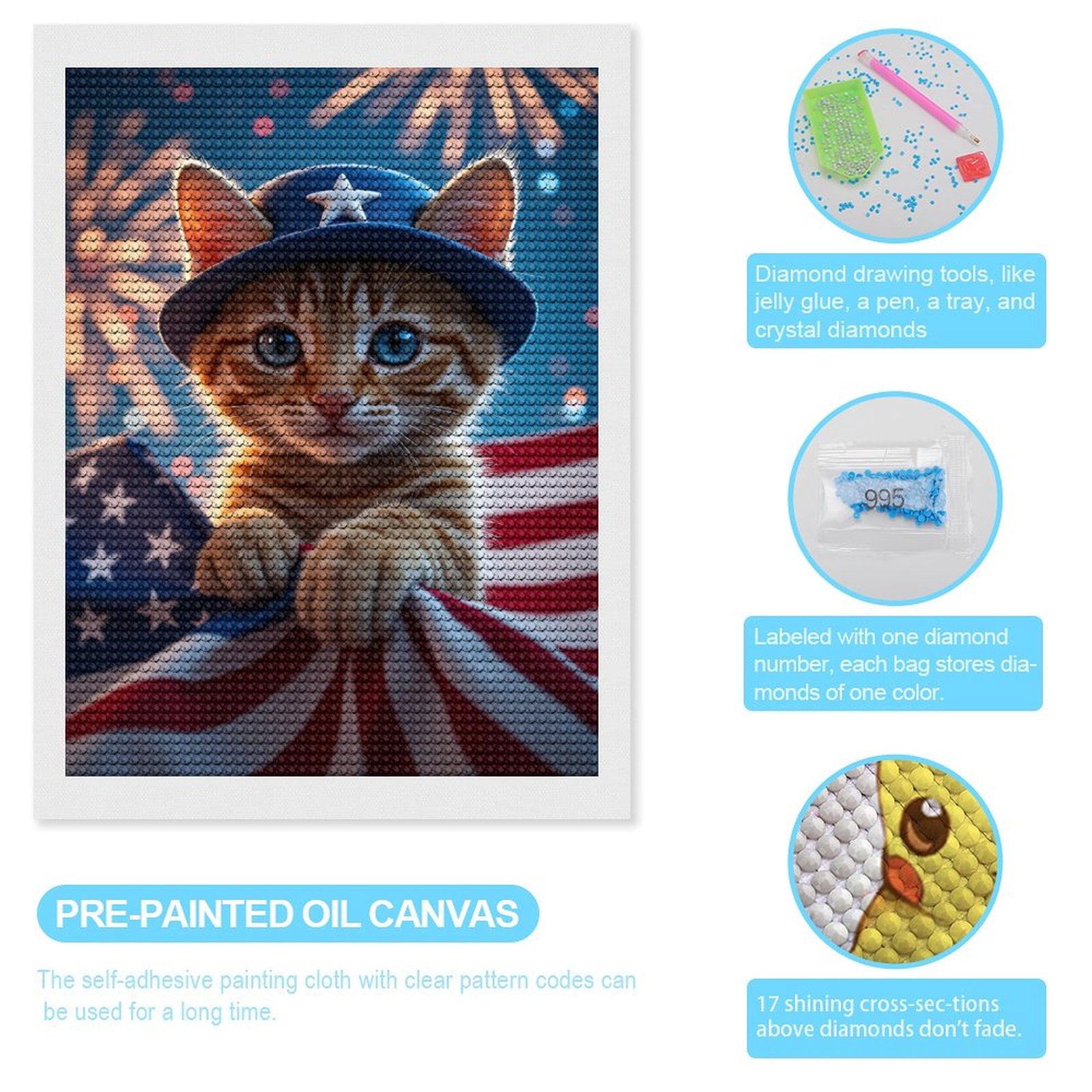 Diamond Art Kits for Adults, Kitten Patriotic Celebration Hat Stars 5D Diamond Painting Kits for Adults Beginners, DIY Full Drill Diamond Painting, Gem Art and Crafts 12x16