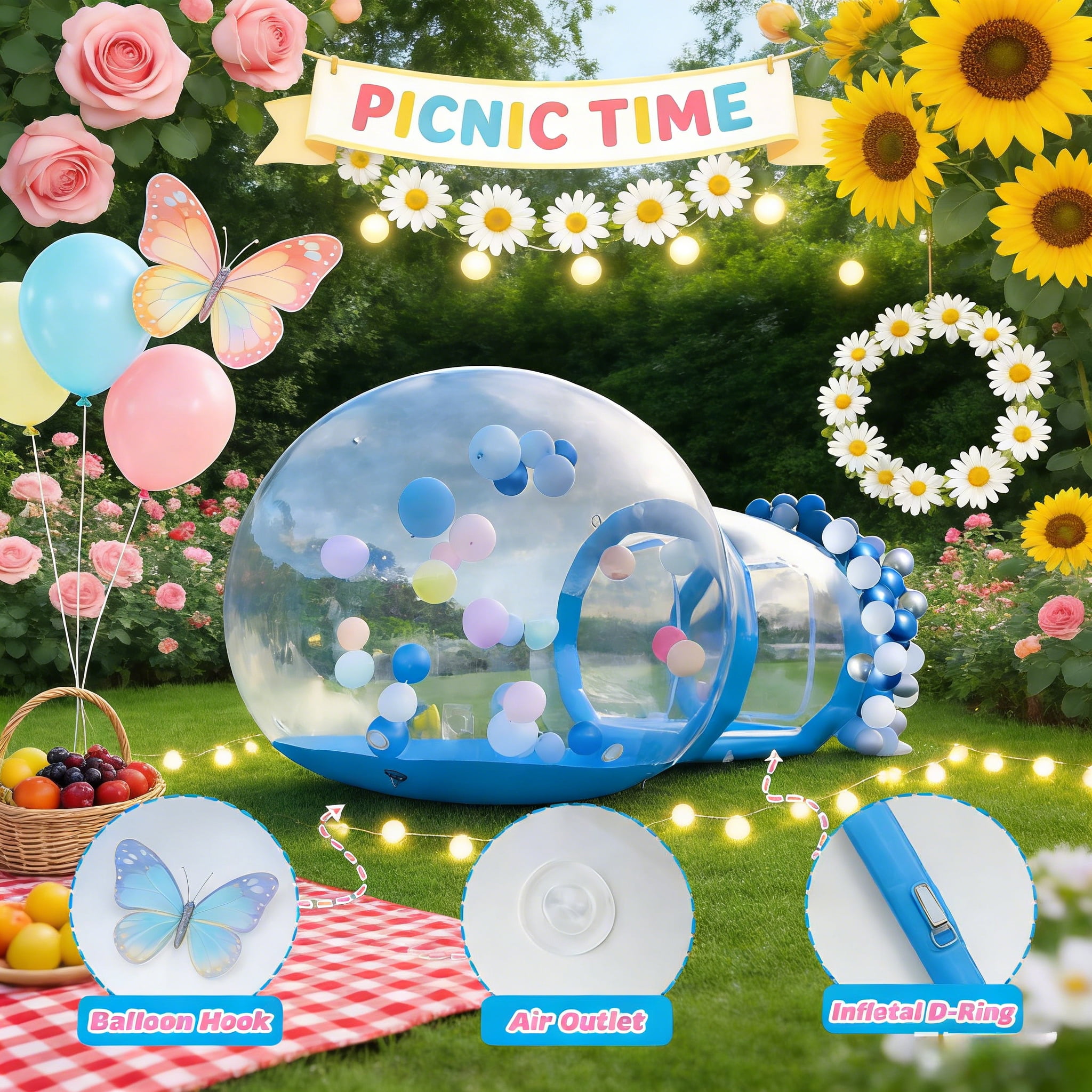 Vakiorn Blue Bubble Balloon House 10 ft Inflatable PVC Dome with Tunnel and Air Pump Clear Playhouse for Kids Party Yard Decoration