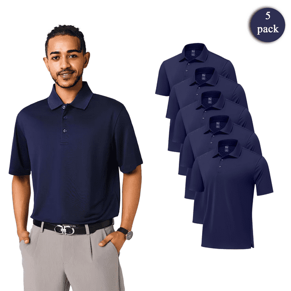 Zfeel 5-Pack Men’s Moisture-Wicking Dry Fit Polo Shirts, UV Protection, Navy, Lightweight Breathable Mesh, XS