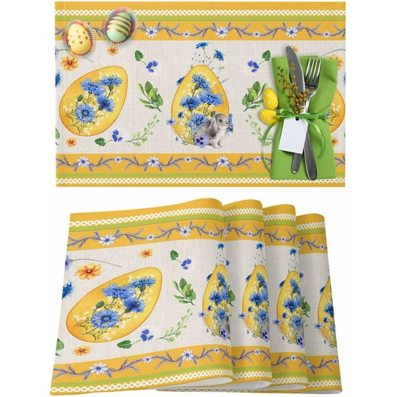 Easter Placemats Set of 6, Gold Egg Bunny Blue Flowers Placemat for Dining Table Decorations, Spring Plant Leaf Place Mats, Spring Table Mats for Kitchen Dinner Seasonal Holiday Party Decor