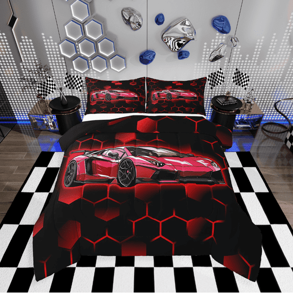 Erosebridal Teens Dirt Bike Comforter Sets,Red Neon Hexagon Comforters & Duvets,Motorcyclist Room Decor,Reversible,Breathable,2pcs