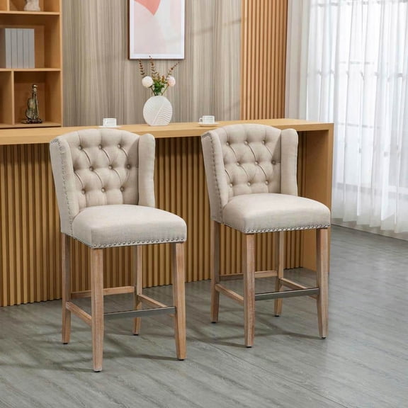 Yardi Yarda Counter Height Bar Stools Set of 2, 27" Seat Height Upholstered Barstools with Tufted Back and Wooden Legs, Farmhouse Kitchen Island Stools for Indoor, Beige