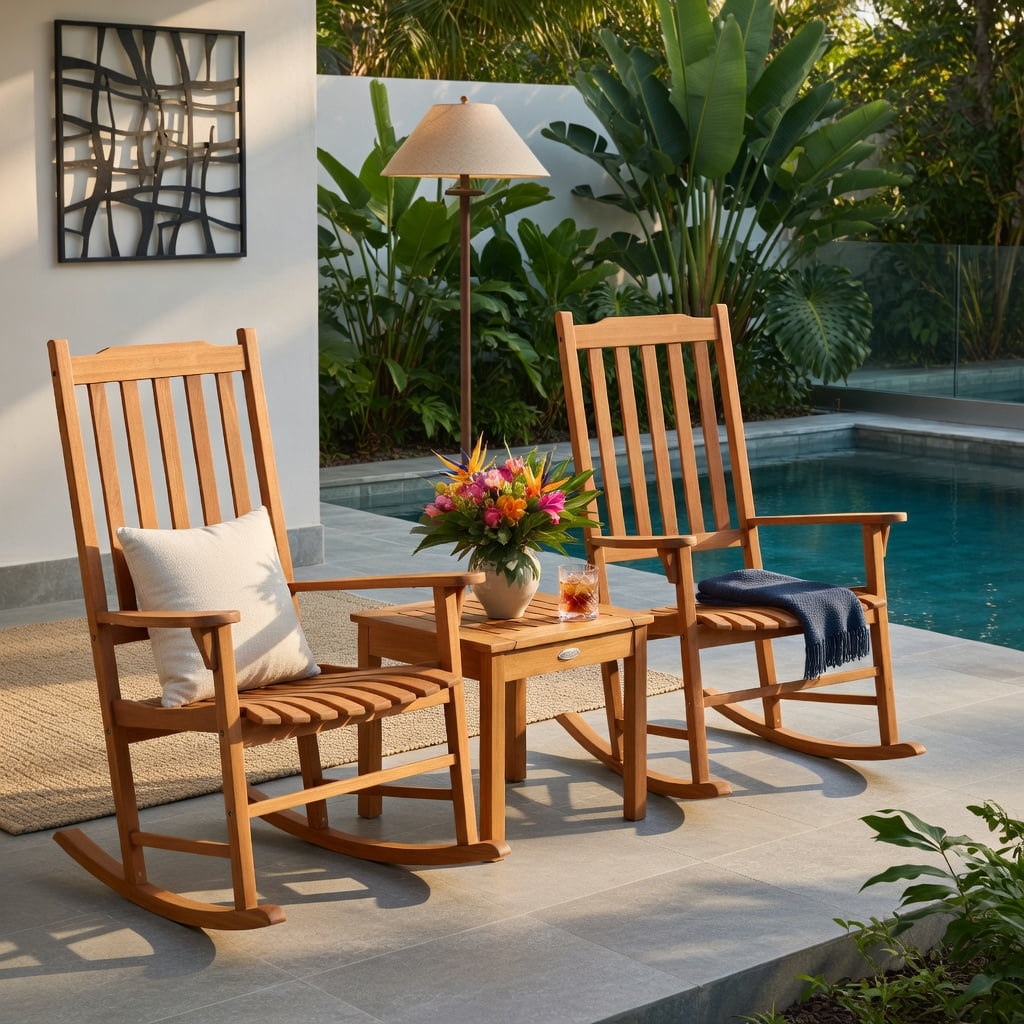 Hommoo 3-Piece Eucalyptus Outdoor Rocking Chair Set with Square Coffee Table, Patio, Deck & Garden Furniture Set for 2, Natural