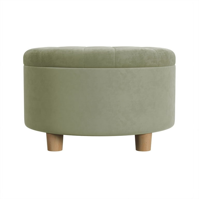 HomePop Large Round Button Tufted Storage Ottoman, Light Sage