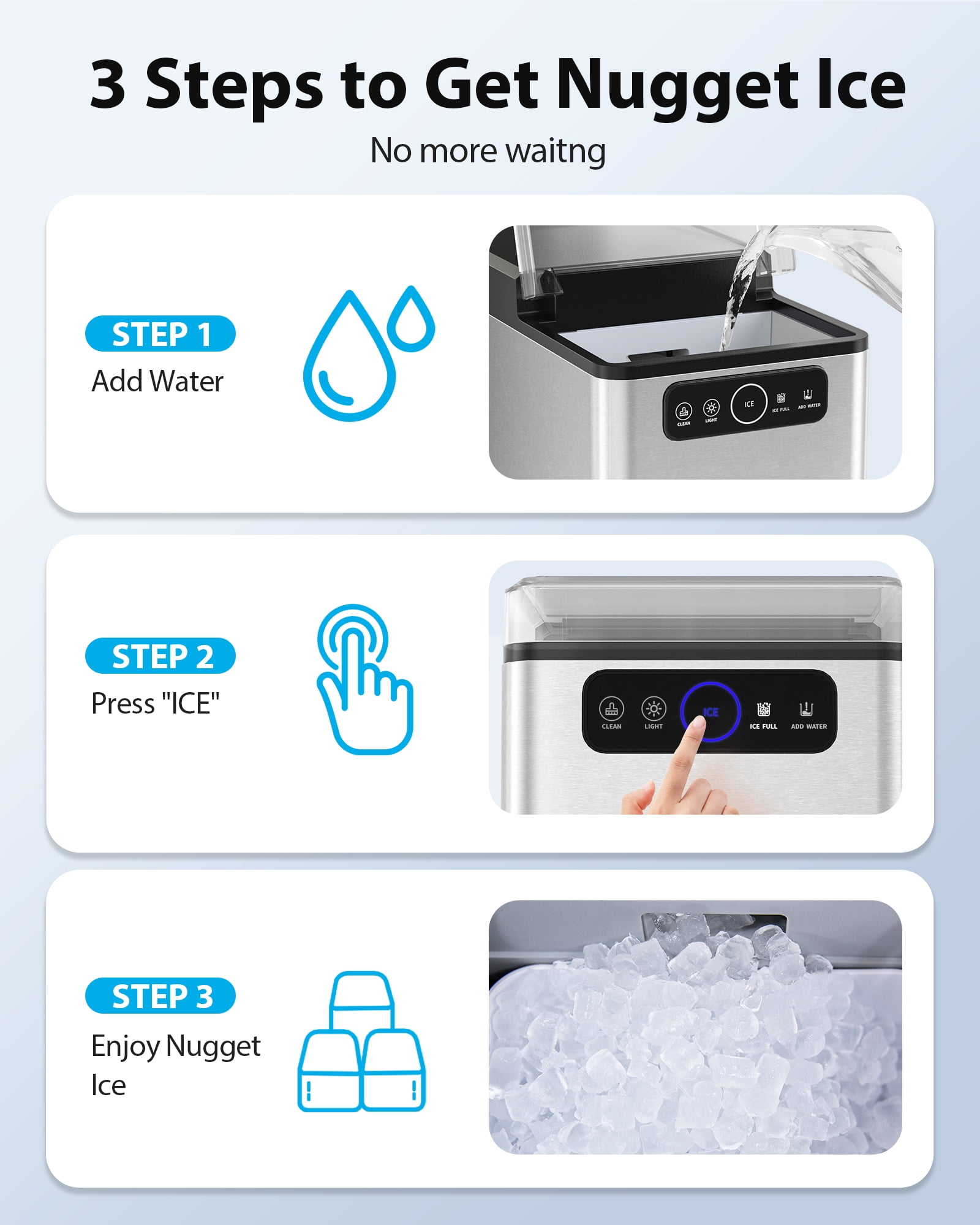 Aeitto Nugget Ice Maker Countertop, Pellet Ice Machine Soft Chewable Ice 40lbs/Day, One-Click Operation, Auto Self-Cleaning Crushed Ice Makers Stainless with Scoop for Home/Kitchen/Office Gray