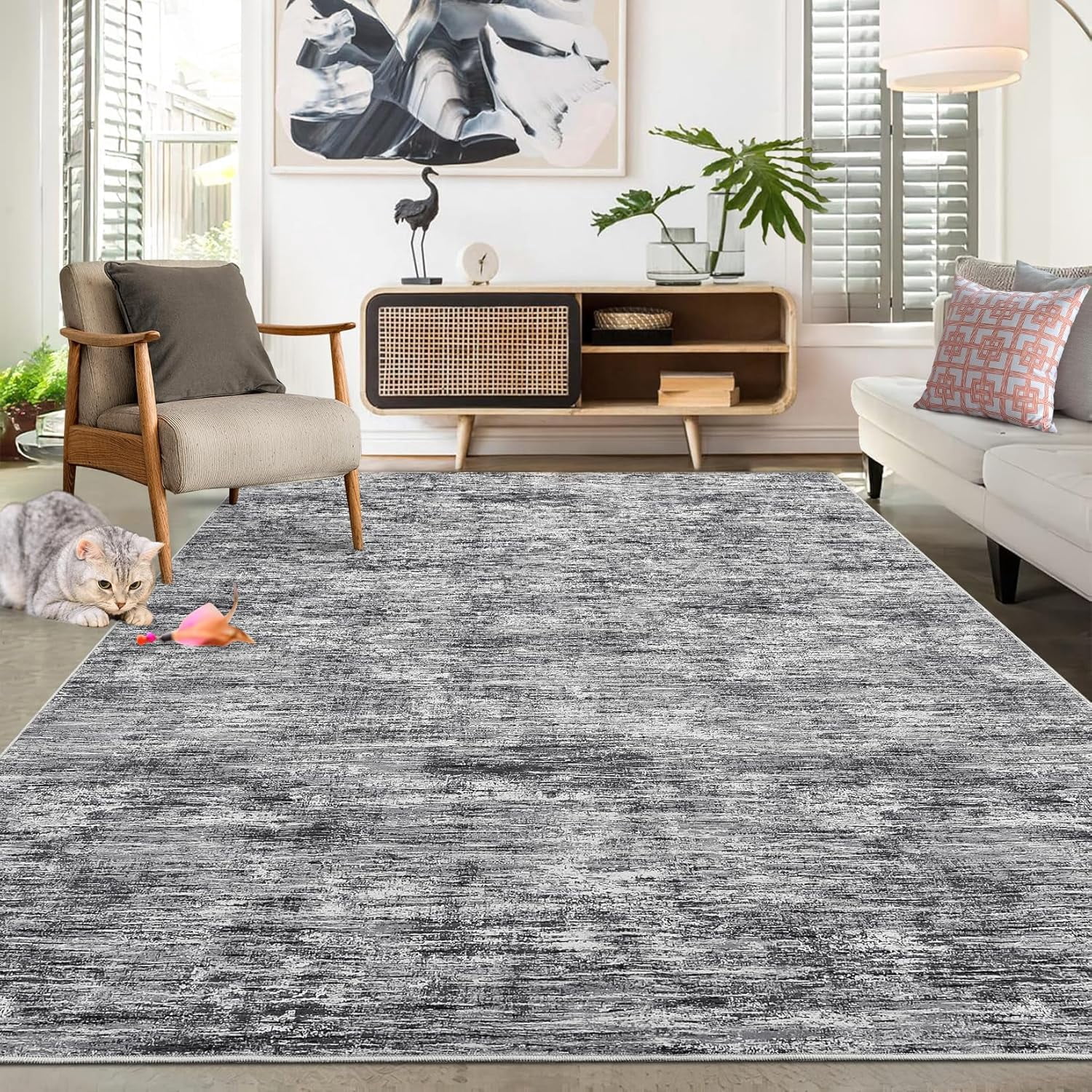 Shininglove Washable Area Rugs 9' x 12' Large Modern Abstract Plain Texture Living Room Carpet, Contemporary Non-Slip Accent Floor Mat for Playroom Nursery Room(Grey)