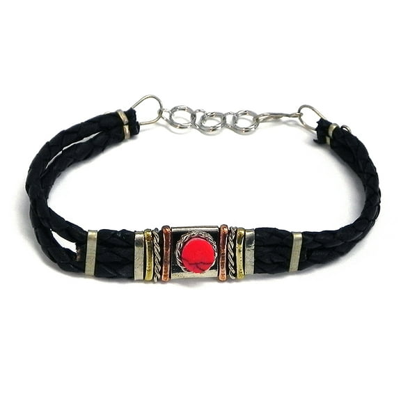 Mini Round Healing Gemstone Crystal Cabochon Mixed Metal Black Braided Leather Bracelet - Womens Fashion Handmade Jewelry Boho Accessories