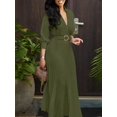 thumbnail image 4 of Olive Green Wrap Maxi Dress With Pleated Skirt, Belted Waist, V-Neck, Long Sleeve, 4 of 8