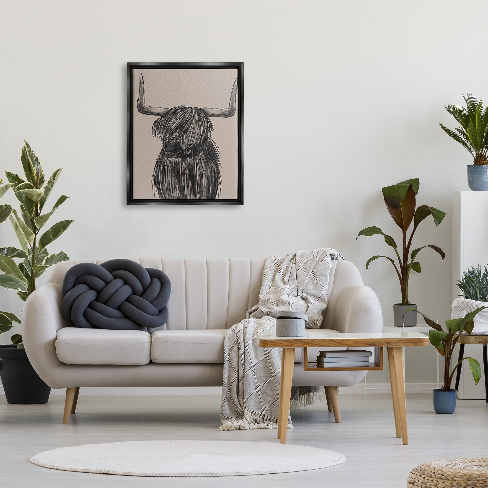 Stupell Industries Longhorn Highland Cattle Charcoal Line Drawing Portrait Drawing Print Jet Black Floating Framed Canvas Print Wall Art, Design by Lisa Whitebutton