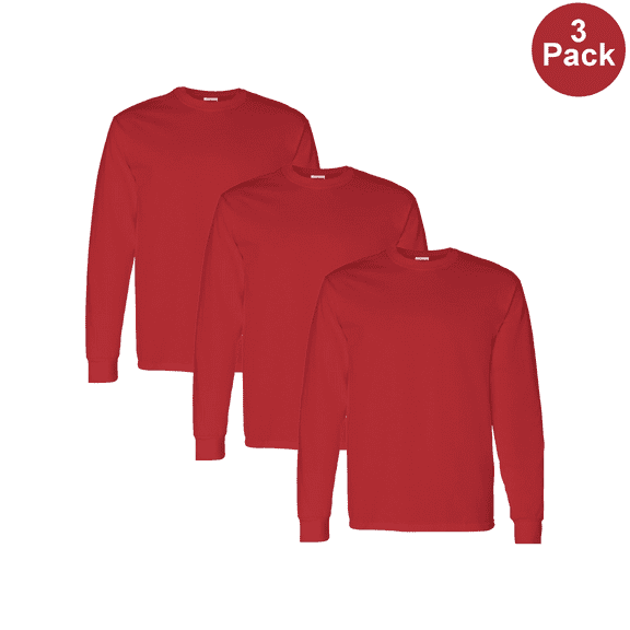 Gildan Men's Heavy Cotton Long Sleeve Durable T-Shirt, Crew Neck, Classic Fit Tee, Red, S, 3 Pack