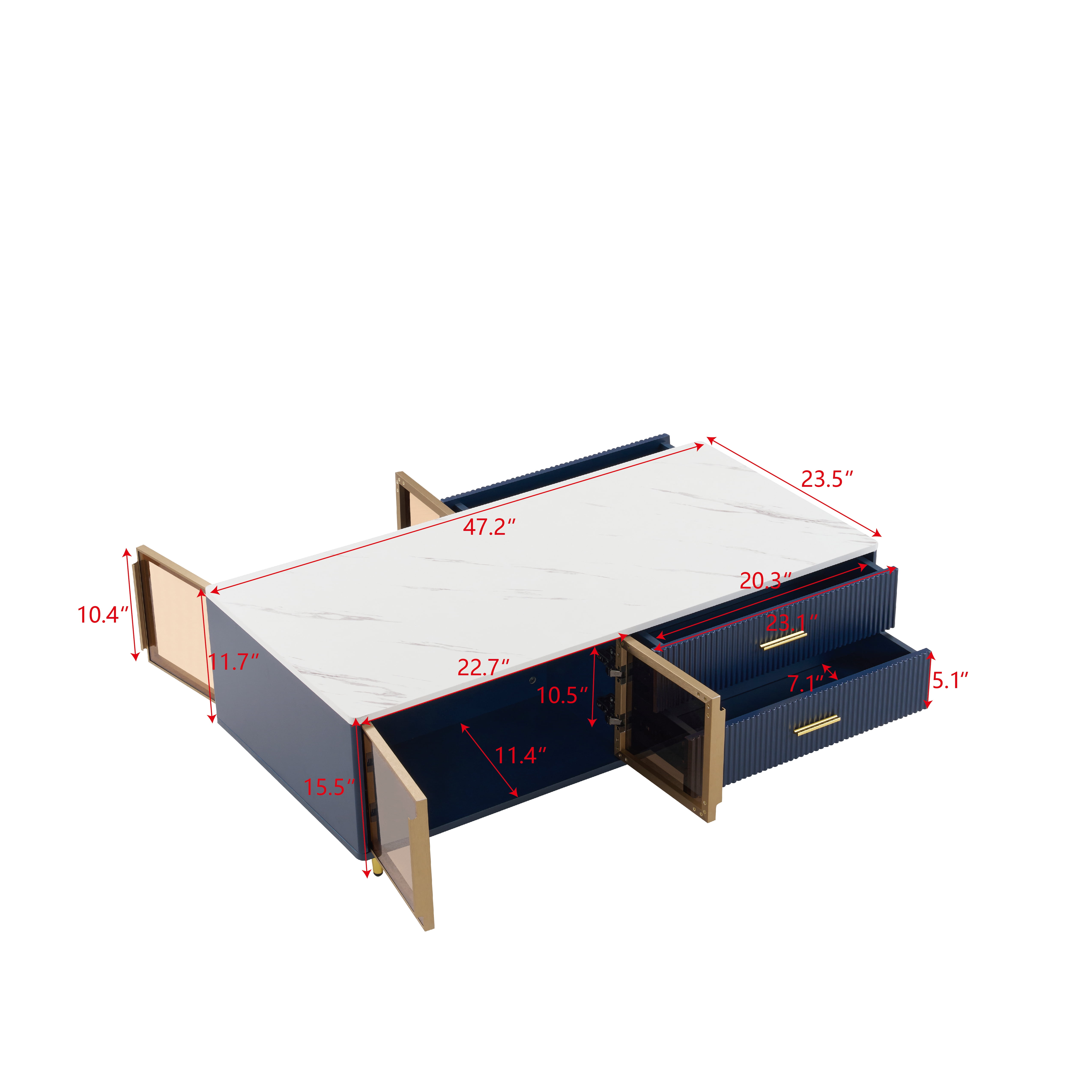 TesNus 47.2" Navy Blue Coffee Table with 2 Glass Doors, 4 Drawers and Multi-Color Lighting for Living Room
