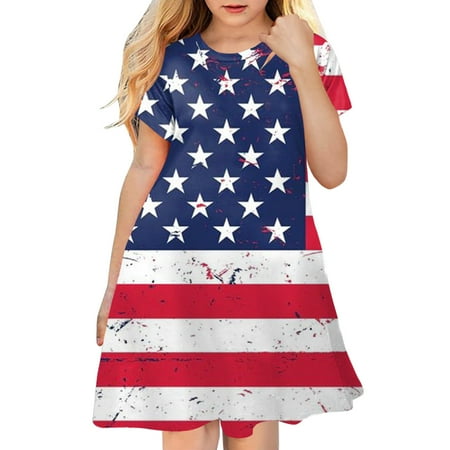 

Little Girl Dress Independence Day For Children Toddler 4 Of July 3D Graphic Printed Girls Short Sleeve Kids Casual Soft Party Princess Dress