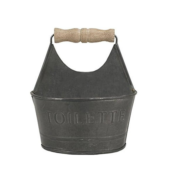 CTW Home Collection Gray Colonial Tin Works Small Toiletries Bathroom Caddy 450156 Metal with Wooden Handle and Toilette on Front Rustic Farmhouse