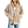 thumbnail image 2 of TGSLY Corduroy Sweatshirt for Women Casual Full Zip Front Long Sleeve Jacket Oversized Fit Stand Collar Solid Color Fall Coat with Pockets L, 2 of 8