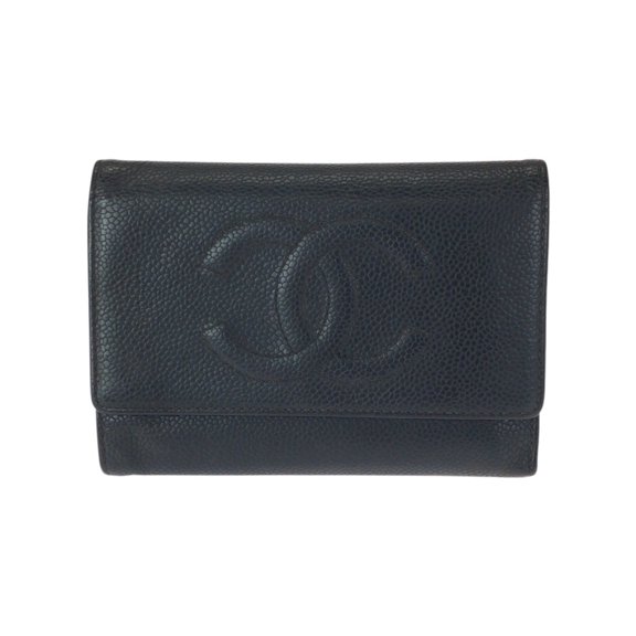 Pre-Owned CHANEL Vintage Coco Mark Black Gold Hardware Caviar Leather Folding Wallet Compact...