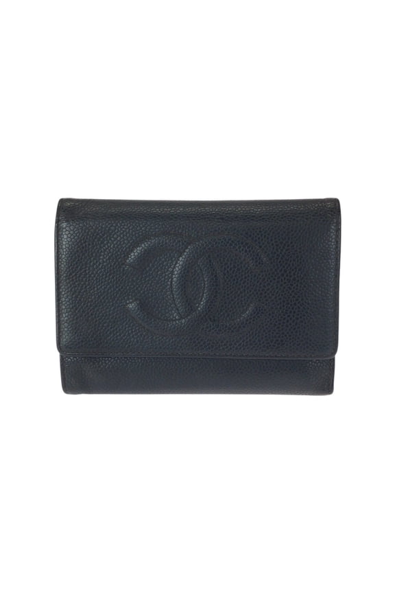 Pre-Owned CHANEL Vintage Coco Mark Black Gold Hardware Caviar Leather Folding Wallet Compact...