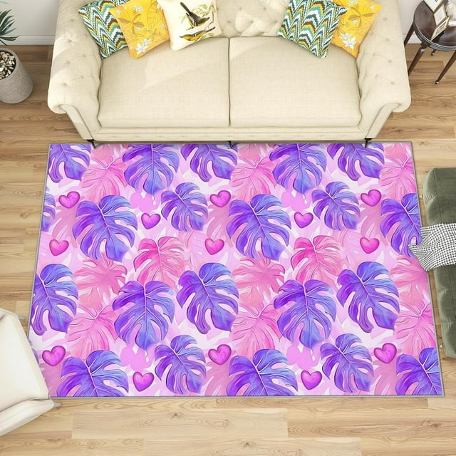 3x4 Rug, Monstera Door Mat Washable Non Slip Soft for Entryway, Tropical Leaf Rug, Pink and Purple Leaves Carpet, Monstera Home Decor & Gifts