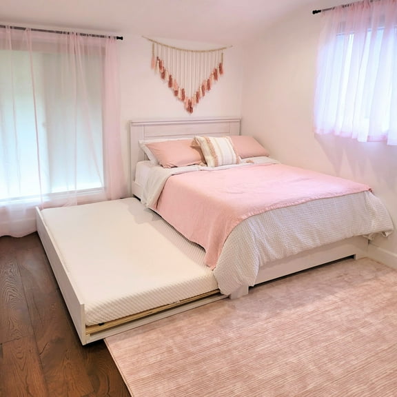 Max & Lily Full Size Bed Frame with Trundle, Solid Wood Platform Bed, White Wash