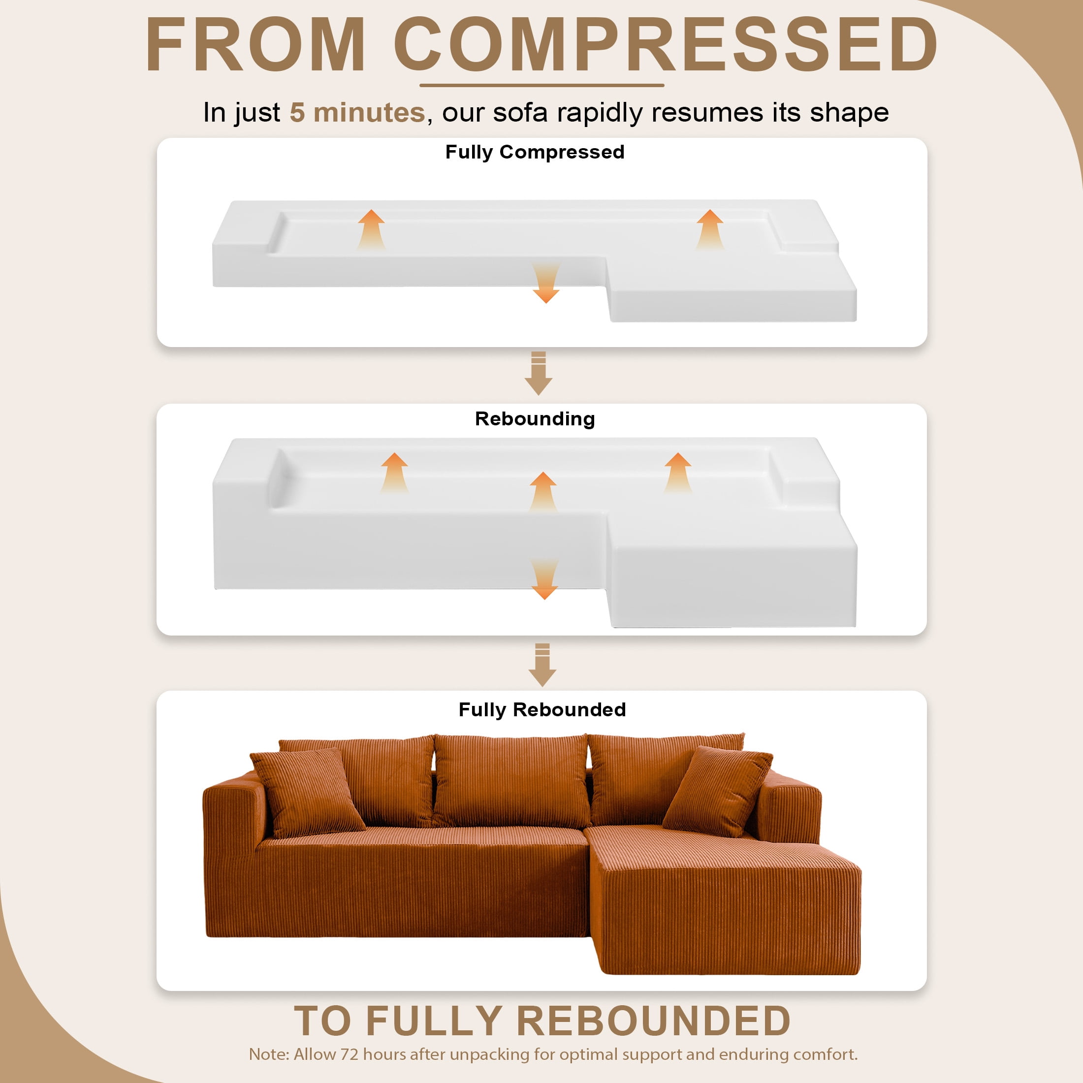 AENKYO 104'' Modular L-Shape Sectional Sofa with Chaise, Comfy Deep-Seat Cloud-Couch, Corduroy - Orange