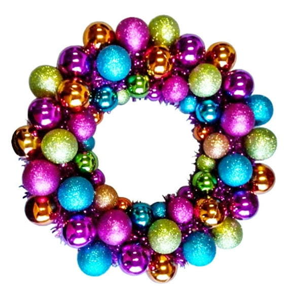 Multi-colored Ball 16" Wreath with Battery Powered Warm White LEDs
