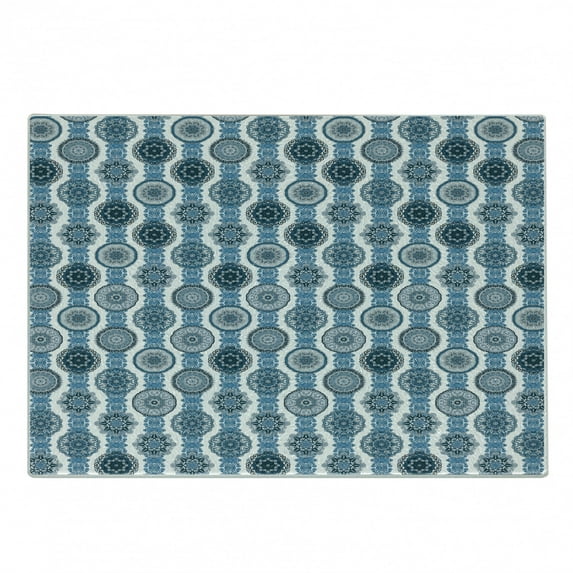 Ethnic Cutting Board, Monochrome Design Medallion Shape Oreitnal Motif in Vertical Order, Decorative Tempered Glass Cutting and Serving Board, in 3 Sizes, by Ambesonne