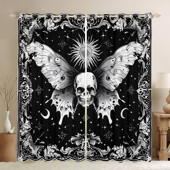 Homewish Boho Skull Moth Black Out Curtains,Vintage Baroque Floral Curtains Pack of 2 (42x63 Each),Retro Bohemain Theme Bedroom Curtains For Boys Kids,Microfiber Bedroom Decor