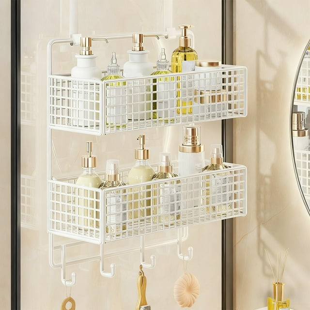 Fesfesfes Over The Door Storage Rack With Double Layer Baskets and Hooks Metal Hanging Organizer Space Saving for Bathroom Kitchen Pantry Home Use