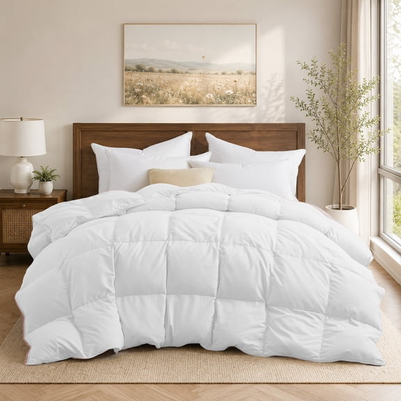 Unikome All Season Goose Down Feather Fiber Comforter with Natural Filling, Soft & Breathable Lightweight Duvet Insert, Machine Washable,Twin 68 x 88 Inch,White