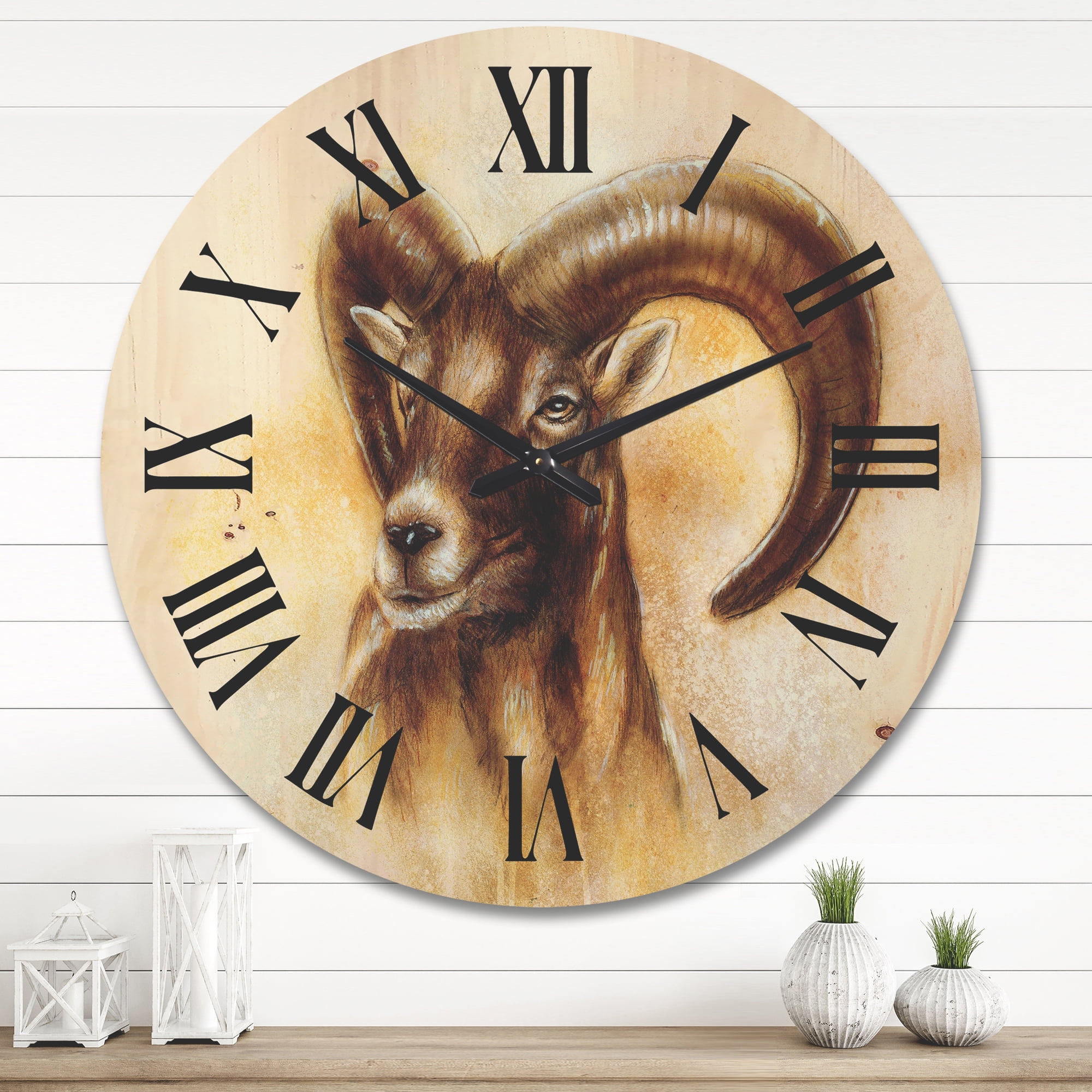 Designart 'Abstract Portrait of Wild Ram With Mighty Horns I' Modern Wood Wall Clock
