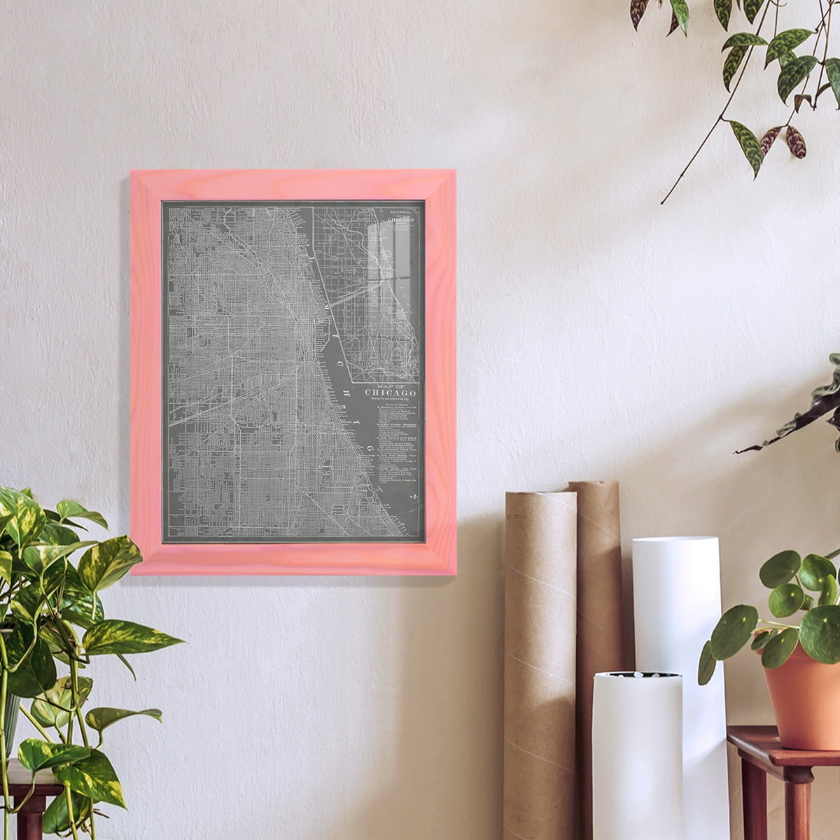 City Map of Chicago -Framed Print w/glass-Sunset Pink