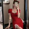 thumbnail image 5 of Lace Stitching Spring And Summer Temperament Waist Sexy Split Wrap Hip Short Dress Black L, 5 of 5
