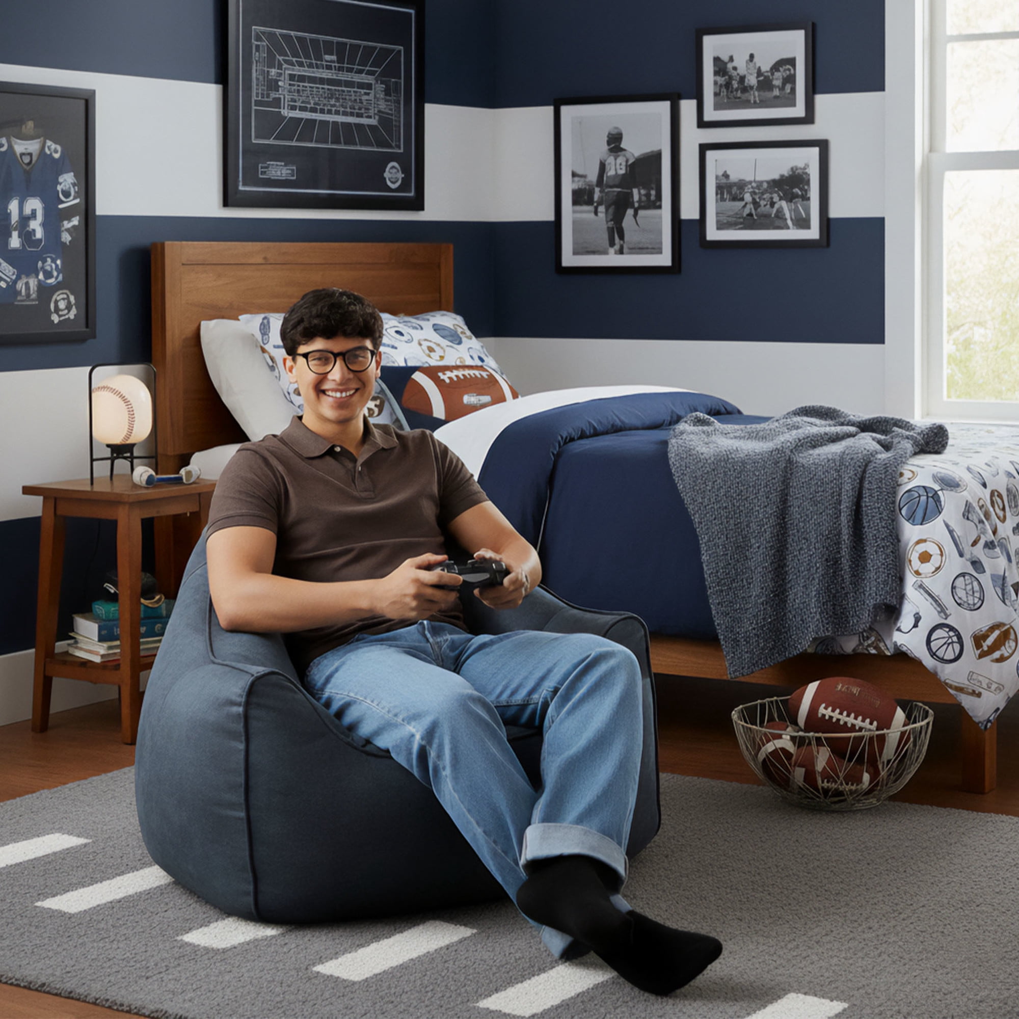 Big Joe Hug Bean Bag Chair, Basalt Blue, Vegan Suede, Kids/Teens, 3 feet