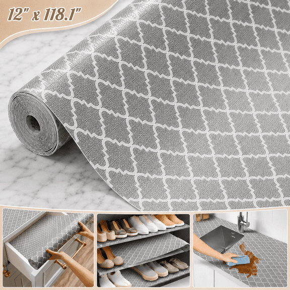 Genreen 12" x 118.1" Shelf Liner Drawer Liner for Kitchen Cabinet Non Adhesive, Strong Grip Anti Slip Cabinet Liners for Shelves, Durable Waterproof Cupboard Liner, Gray