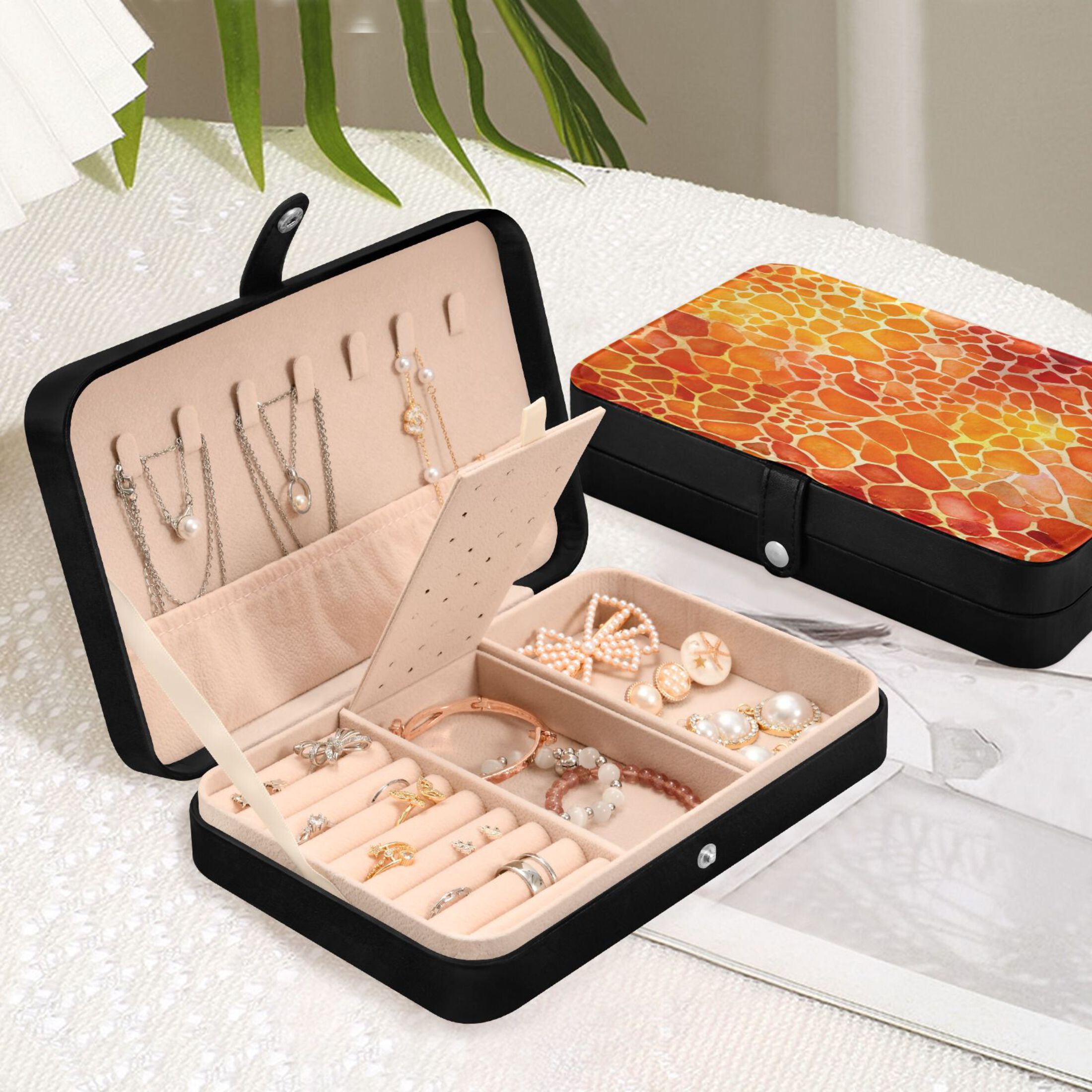 Leather Jewelry Box Rectangular 8.27x5.5x1.78In Travel Jewelry Storage Earrings Necklace Bracelet Watch Brooch Storage Beautiful Orange Pattern