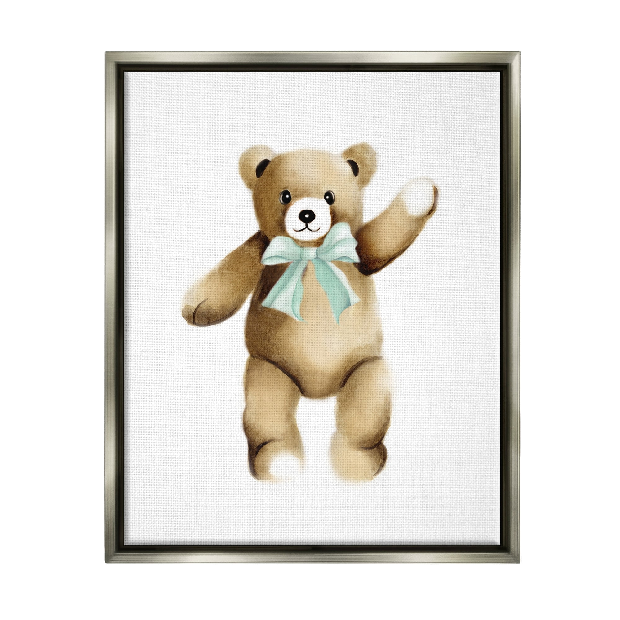 Stupell Industries Adorable Teddy Bear Nursery Animal Green Ribbon Graphic Art Luster Gray Floating Framed Canvas Print Wall Art, Design by Studio Q