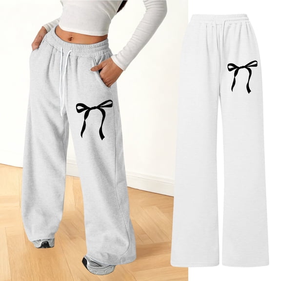CUZIBR Girls Baggy Pants Loose Fit Bow Jogger Straight Leg High Waist Elastic Casual Sweatpants Youth Teen Relaxed Comfort Trousers Soft Stretch Kids Athletic Pants,White,12-13 Years