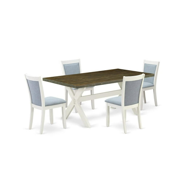 East West Furniture 5-Pc Dining Set Contains a Dining Table and 4 Baby Blue Linen Fabric Parson Chairs with Stylish Back - Wire Brushed Linen White Finish