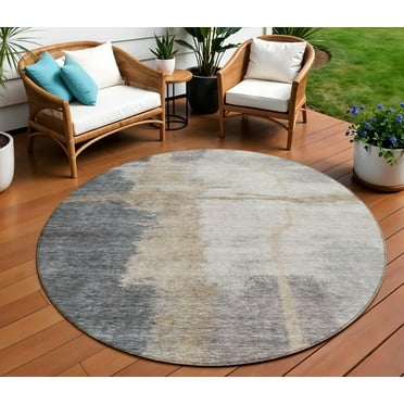 HomeRoots 588524 8 ft. Round Abstract Washable Indoor & Outdoor Area Rug, Gray, Charcoal & Beige