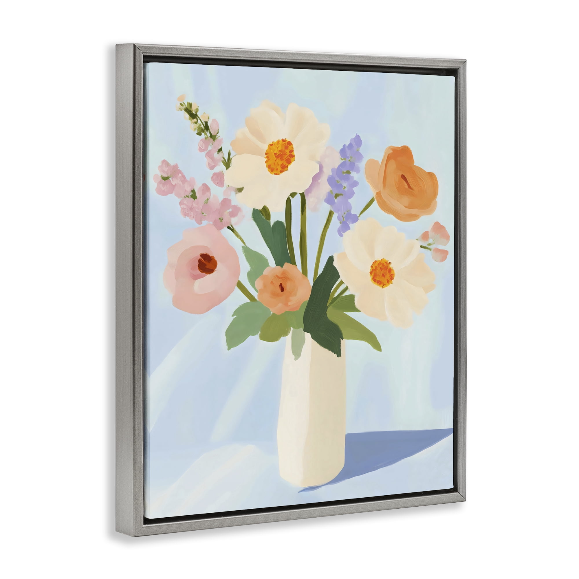 Stupell Industries Floral Bouquet in Sleek White Vase Gray Framed Floater Canvas Wall Art, design by The Prints Vibe