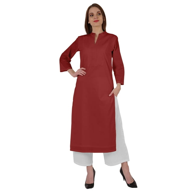 Bimba Kurta en Coton Col Mandarin avec Plis pour Femmes Ethnique Indienne Droite Unie