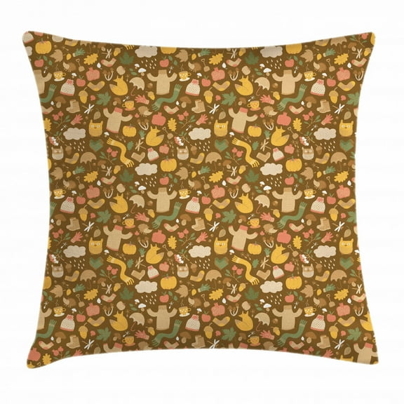 Autumn Throw Pillow Cushion Cover, Fall Season Elements with Pumpkin Owl Scarf and Caps on a Earthy Toned Background, Decorative Square Accent Pillow Case, 18 X 18 Inches, Multicolor, by Ambesonne