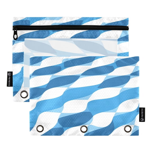 2 Pack 3 Ring Binder Pouch with Clear PVC Window Water Resistant Zipper Pencil Pouch Blue and White Binder Pocket for Classroom Office Home Stationery Organization