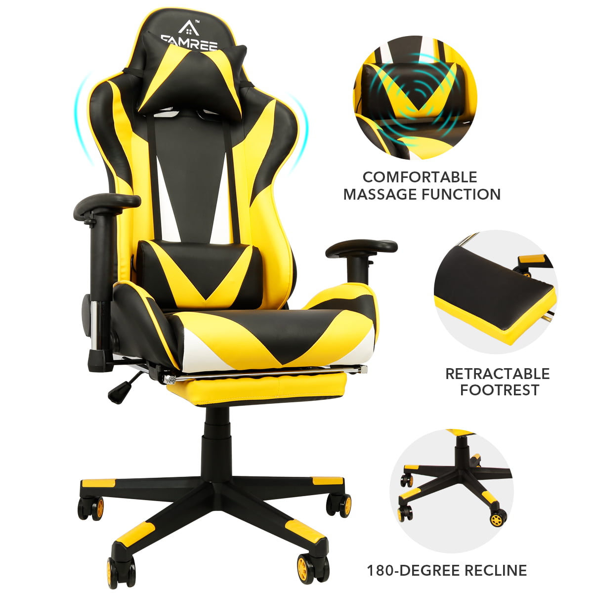 BOSMILLER Reclining Gaming Chair with Adjustable Massage Lumbar Pillow and Footrest Memory Foam PC Computer Racing Chair Ergonomic High-Back Desk Office Chair