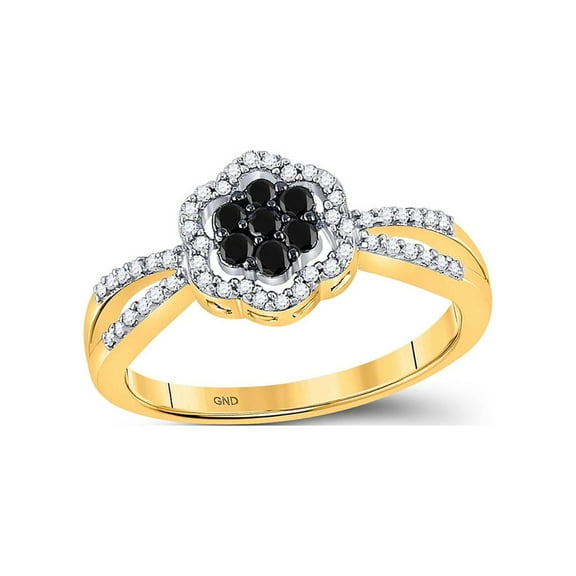 Diamond Princess 10kt Yellow Gold Womens Round Black Color Enhanced Diamond Flower Cluster Ring 1/3 Cttw
